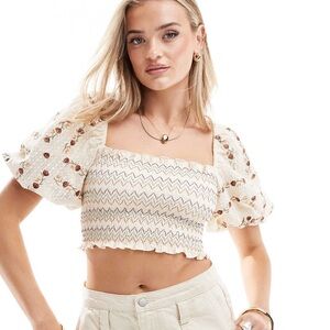 Floral Embroidered Cream Crop Top